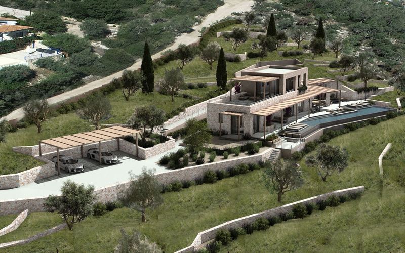Computer-generated aerial view of the villa on its terraced hillside plot, with a pergola-covered carport, stone retaining walls, olive and cypress trees, and the pool terrace.